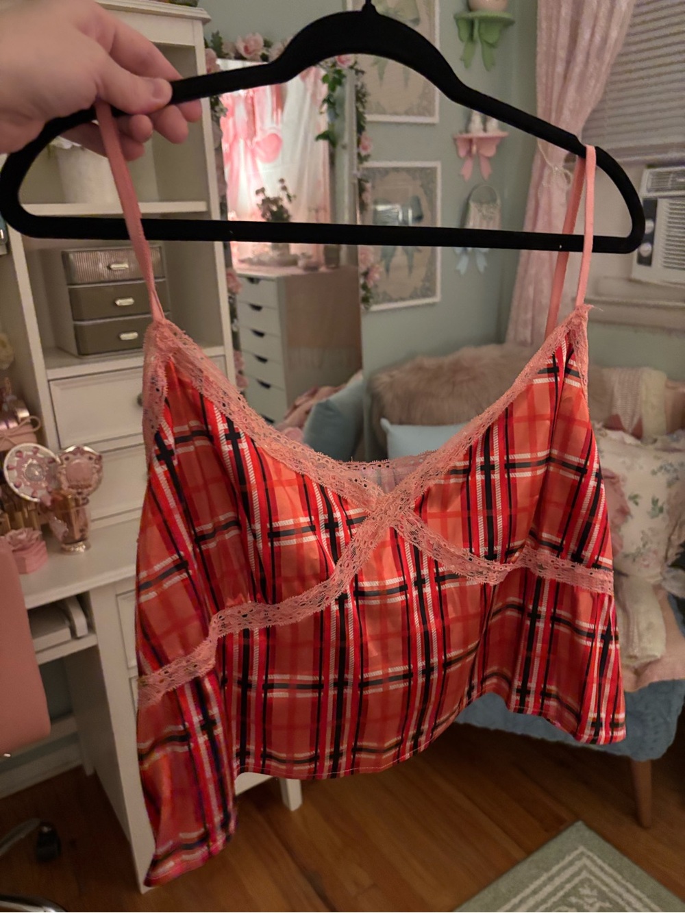 Plaid Lace-Trim Cami in Red and Pink